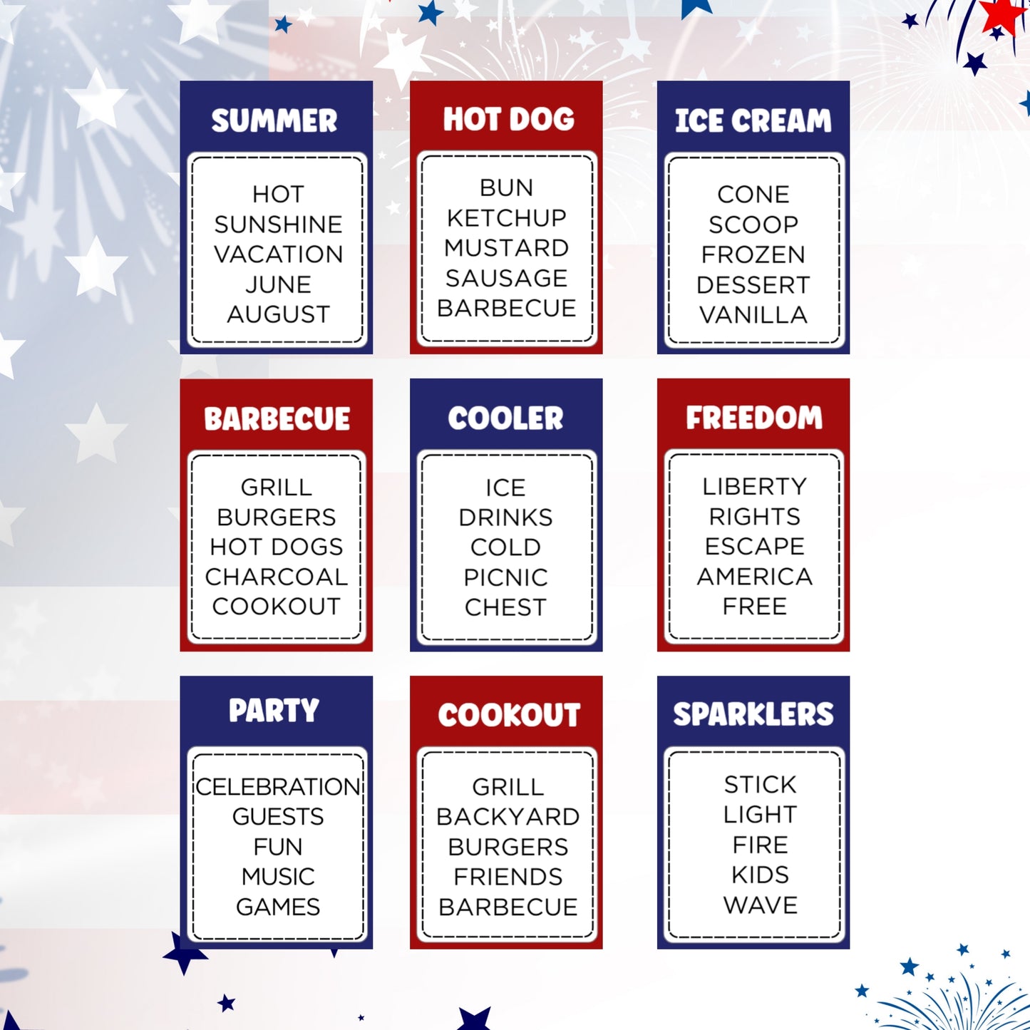 Set of cards with patriotic theme and text on a red, white, and blue background