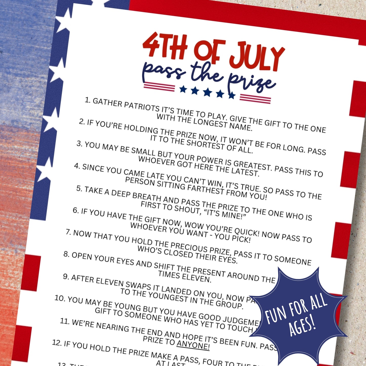 Are you seeking a fun and engaging activity to play with your friends, family or coworkers for the fourth of July? Whether you've got kids, teens, adults, and even seniors in your gathering or group, this fun Pass The Prize game from Party Prints Press is just what you need to make your Independence Day one to remember!