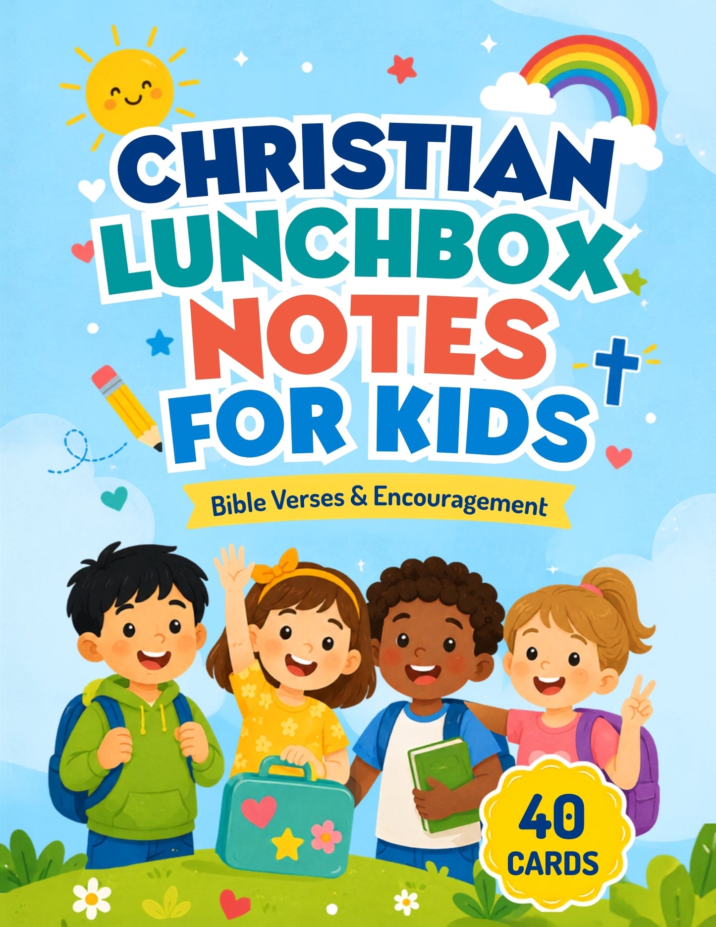 Front cover of a children's card deck titled "Christian Lunchbox Notes for Kids" with colorful cartoon children, a lunchbox, a sun, rainbow, stars, hearts, and a yellow badge reading "40 cards.".