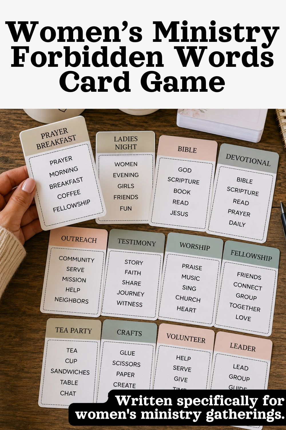 A printable women's ministry game designed for Bible studies, ladies' luncheons, church fellowship events, retreats, tea parties, and small groups. Players describe ministry-themed words without saying the five forbidden words on each card. Includes 72 unique cards covering prayer, worship, fellowship, outreach, volunteering, leadership, crafts, gatherings, gifts, holidays, and more. Instant digital download for Christian women's groups.