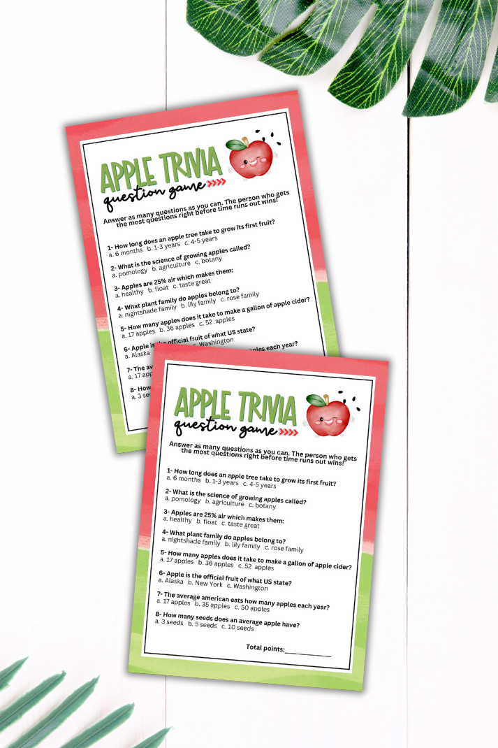 Are you seeking a fun and engaging activity to celebrate National Apple Day or another apple-themed celebration or event? This simple trivia game from Party Prints Press is just what you need!