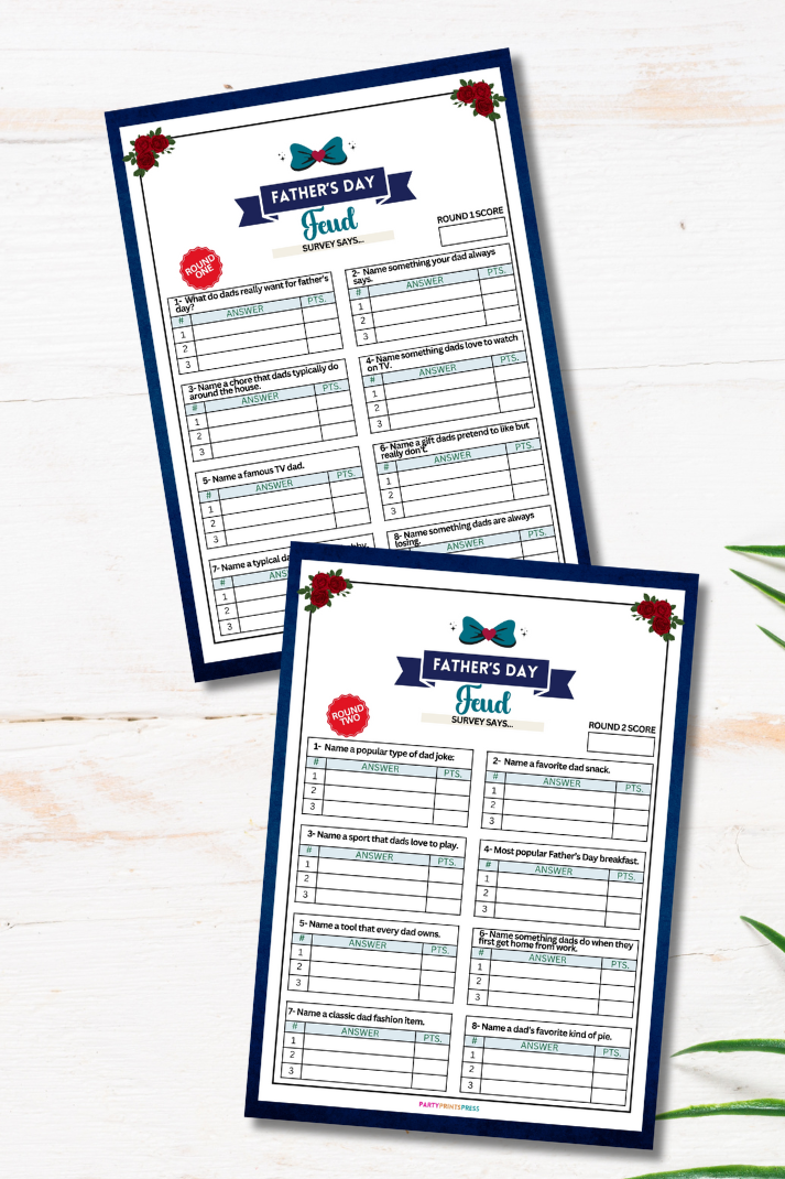 Father's Day Feud Printable Party Game - This printable Father's Day Feud game is the perfect last-minute idea for your Father's Day celebration! Whether you're hosting a family gathering or looking for something fun to do with dad, this game will surely be a big hit. Ideal for families across generations, it's fun for all ages and takes about 30 minutes to play. Best of all, it's an instant download, so you can buy it today and PLAY it with no additional materials needed!