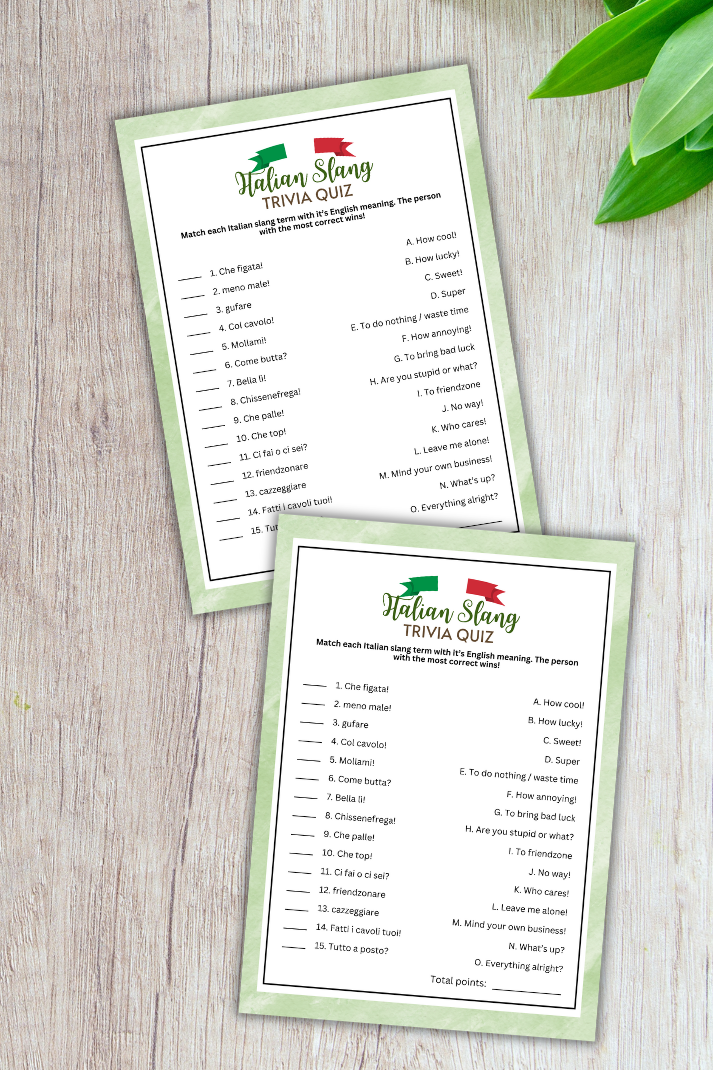 Are you hosting an Italian-themed event such as a pizza party, language learning gathering, or travel discussion? Experience an amusing and educational icebreaker with this cute and fun Italian Slang Matching Game from Party Prints Press! This delightful game provides an opportunity for language learners and enthusiasts of all ages to enjoy themselves while matching common Italian slang expressions with their English translations. 