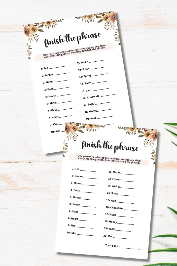 Are you seeking a fun and engaging activity to enjoy at your upcoming tea party, brunch, luncheon, ladies' meeting or other special event? If so, this fun "Finish the Phrase" game from Party Prints Press is just what you need to make your celebration complete!