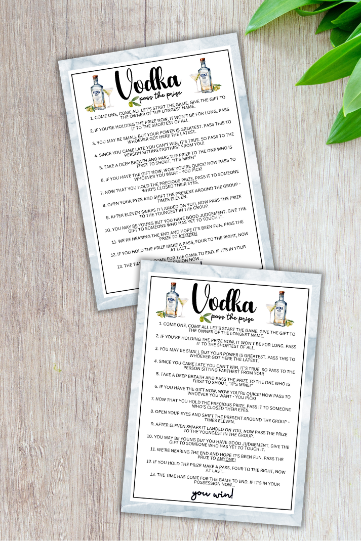 Are you seeking a fun and engaging activity to enjoy with friends at your upcoming alcohol-inspired event, dinner party, bachelor or bachelorette party or even just a pub crawl night on the town? If you need a fun last-minute idea to add to your celebrations, this fun Vodka-Themed Pass The Prize game from Party Prints Press is just what you need! 