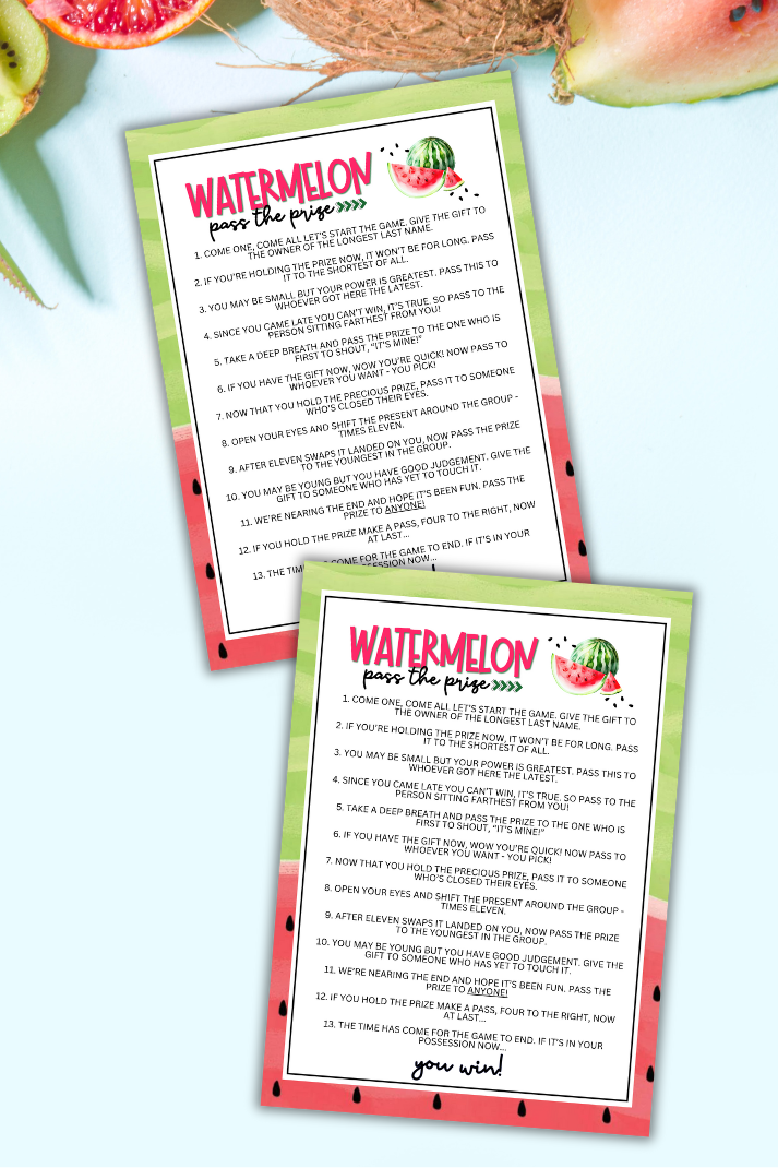 Are you hosting a watermelon-themed event and seeking a fun and engaging activity to get the party started? Whether you've got kids, teens, adults, and even seniors in your gathering or group, this fun Pass The Prize game from Party Prints Press is just what you need to make your special occasion one to remember!