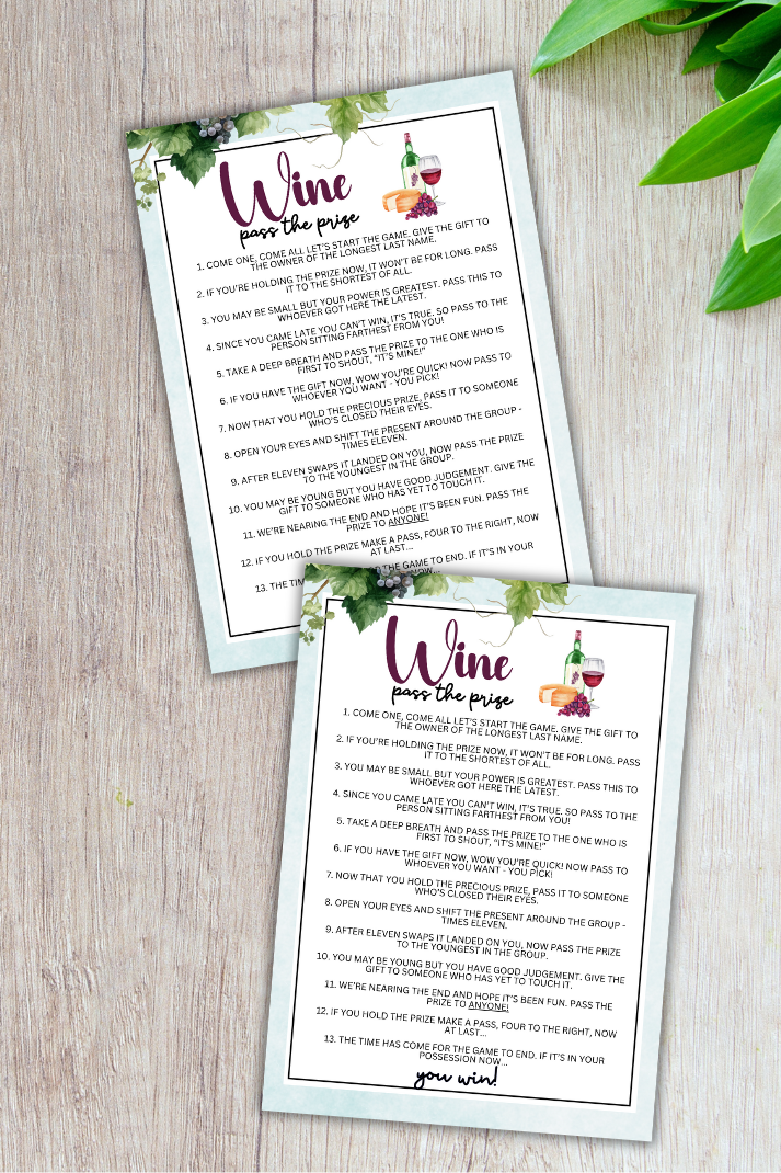 Are you seeking a fun and engaging activity to enjoy with friends at your upcoming alcohol-inspired event, dinner party, bachelor or bachelorette party or even just a pub crawl night on the town? If you need a fun last-minute idea to add to your celebrations, this fun Wine-Themed Pass The Prize game from Party Prints Press is just what you need! 