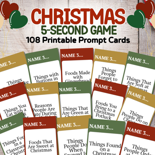 Promotional graphic for a Christmas 5-Second Game printable prompt card set, showing multiple sample cards with text prompts and a festive title banner on a whitewashed wood background.