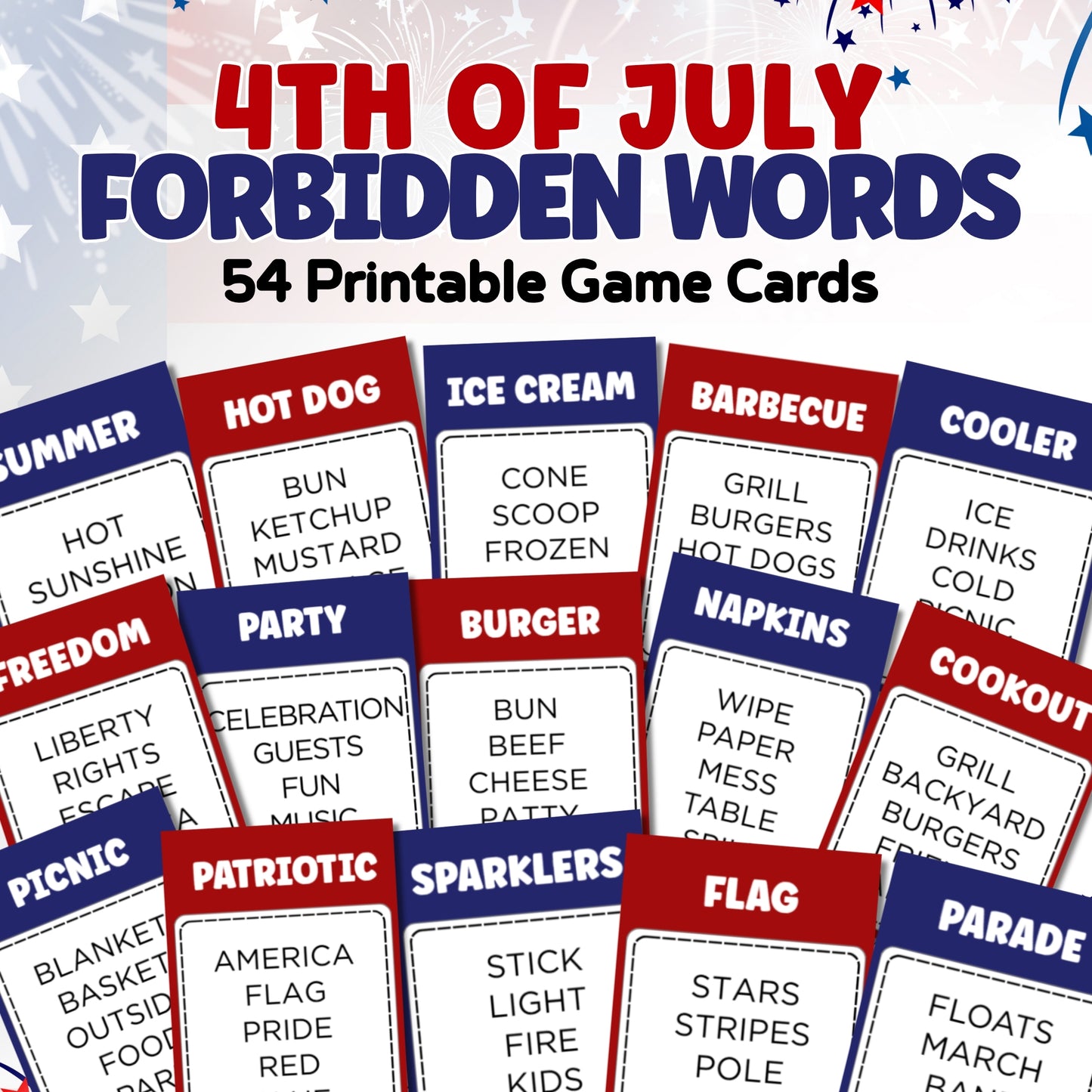 4th of July forbidden words game cards with red, white, and blue design.