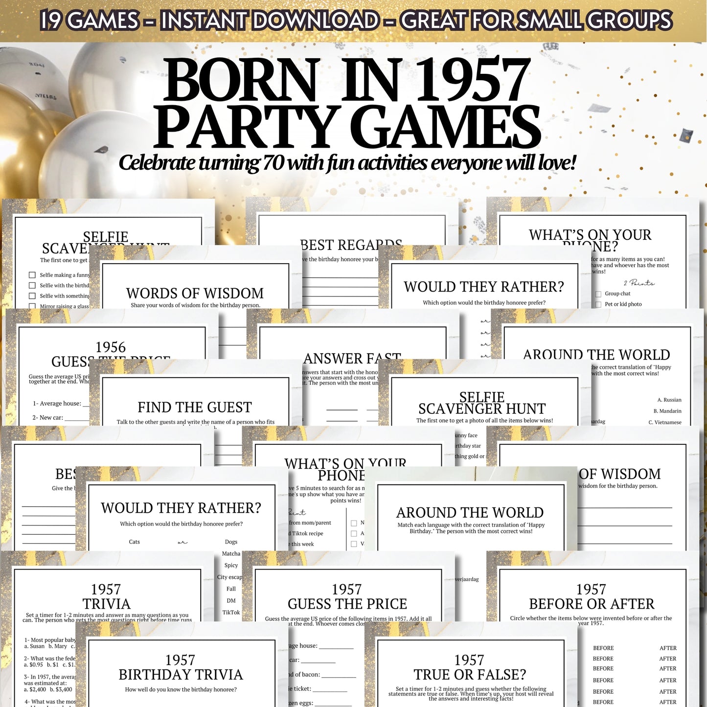 A promotional collage for a 1957-themed party game download, showing multiple printed game cards and worksheets layered together with large headline text reading 'BORN IN 1957 PARTY GAMES' and supporting copy about 19 games and instant download for small groups.