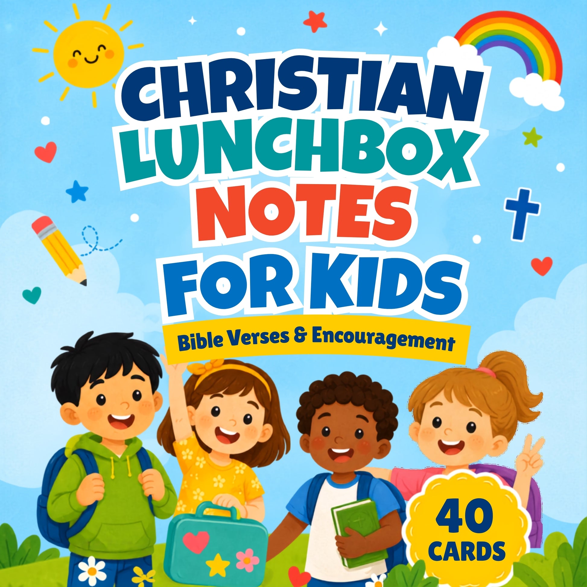 Front cover of a children's card deck titled "Christian Lunchbox Notes for Kids" with colorful cartoon children, a rainbow, sun, stars, hearts, and a yellow badge reading "40 cards.".