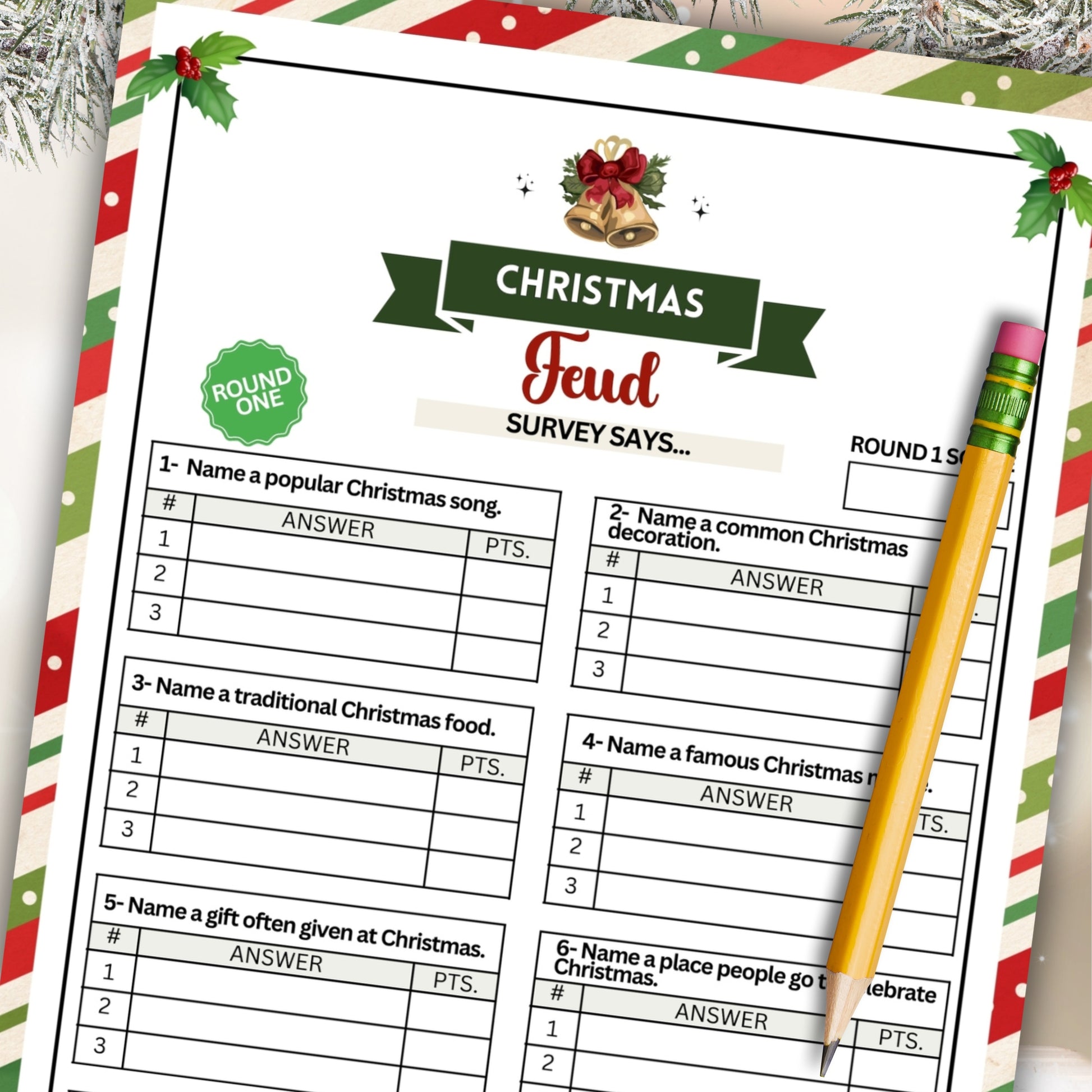 Christmas Friendly Feud - Festive Fun for Your Holiday Celebration! This printable Christmas Friendly Feud game is the perfect last-minute idea for your holiday festivities! Whether you're hosting a family gathering or just looking for something fun to do with loved ones, this game is sure to be a big hit.