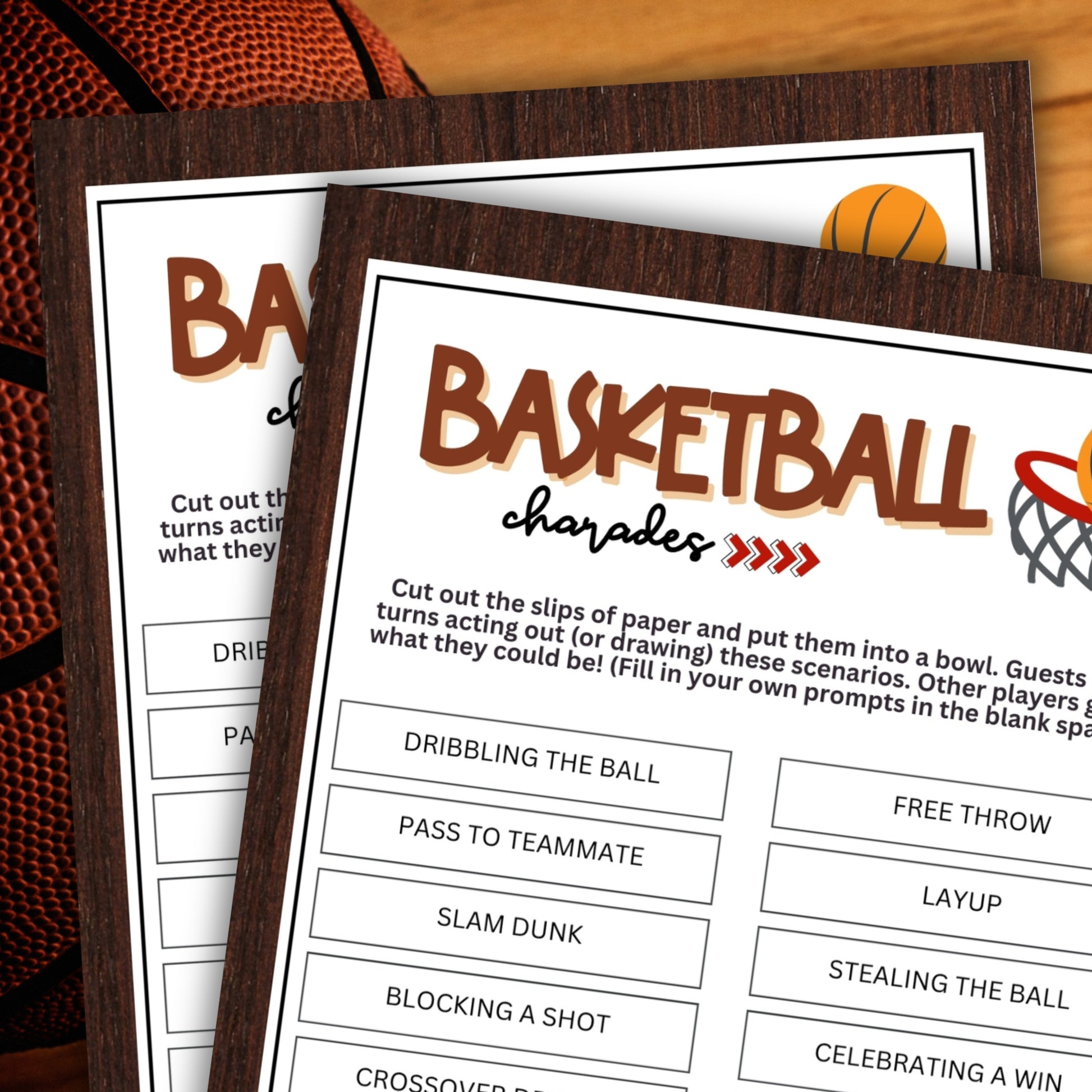 Looking for a fun and engaging activity to bring some excitement to your basketball-themed events? Look no further than this Basketball Charades game from Party Prints Press!&nbsp;  Perfect for games, practices, team bonding sessions, basketball camps, birthday parties, fan gatherings, youth leagues, and other basketball-related occasions, this printable charades game is a fantastic addition to your activities.