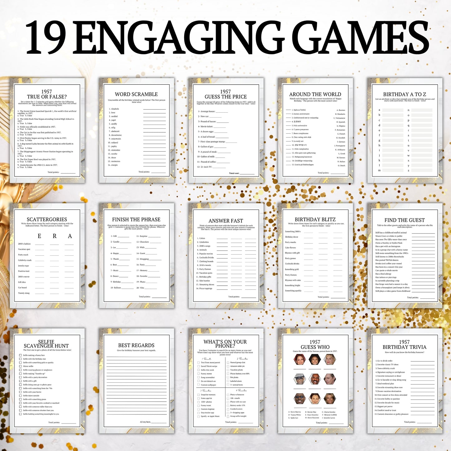 Collection of 19 engaging game cards on a decorative background with confetti.