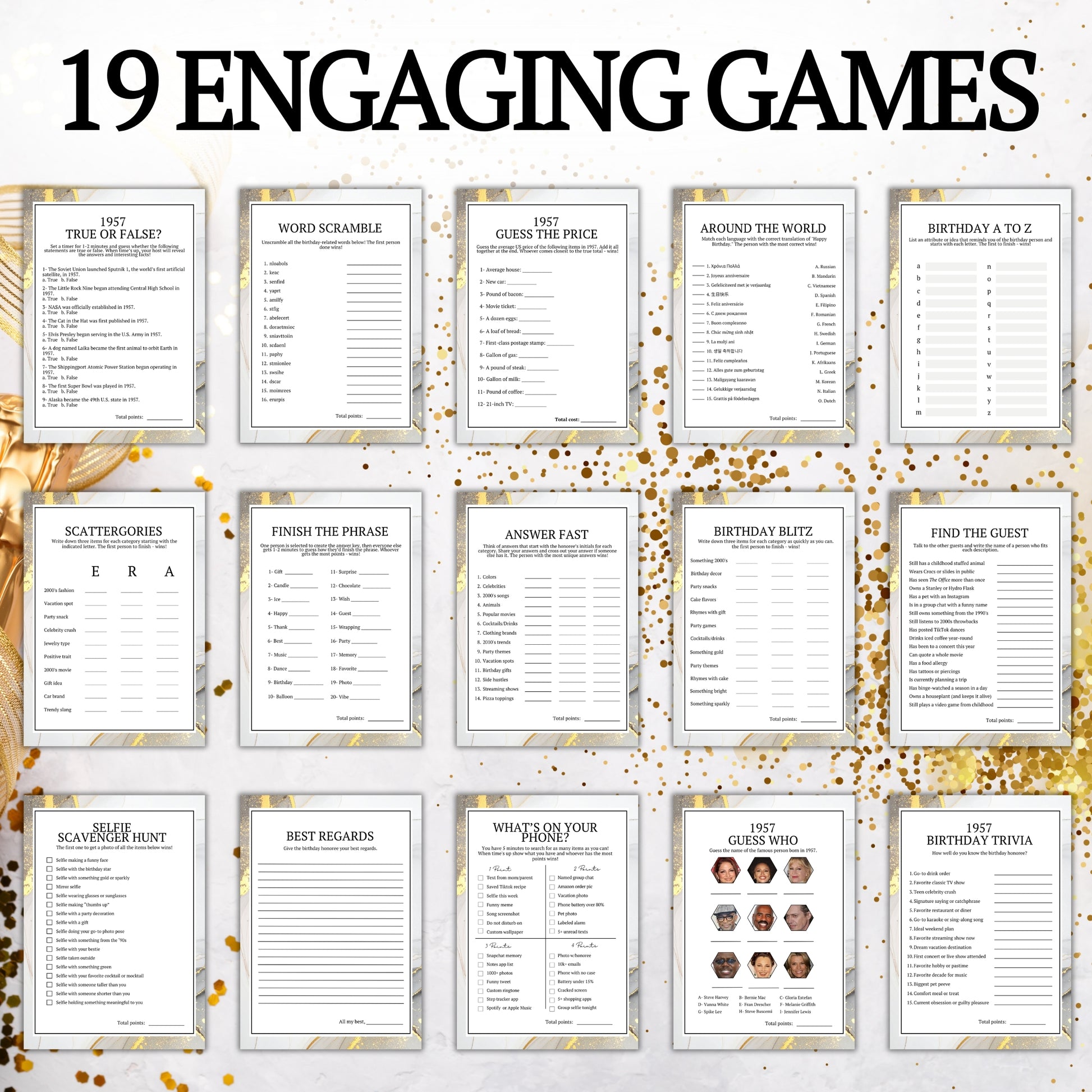 Collection of 19 engaging game cards on a decorative background with confetti.