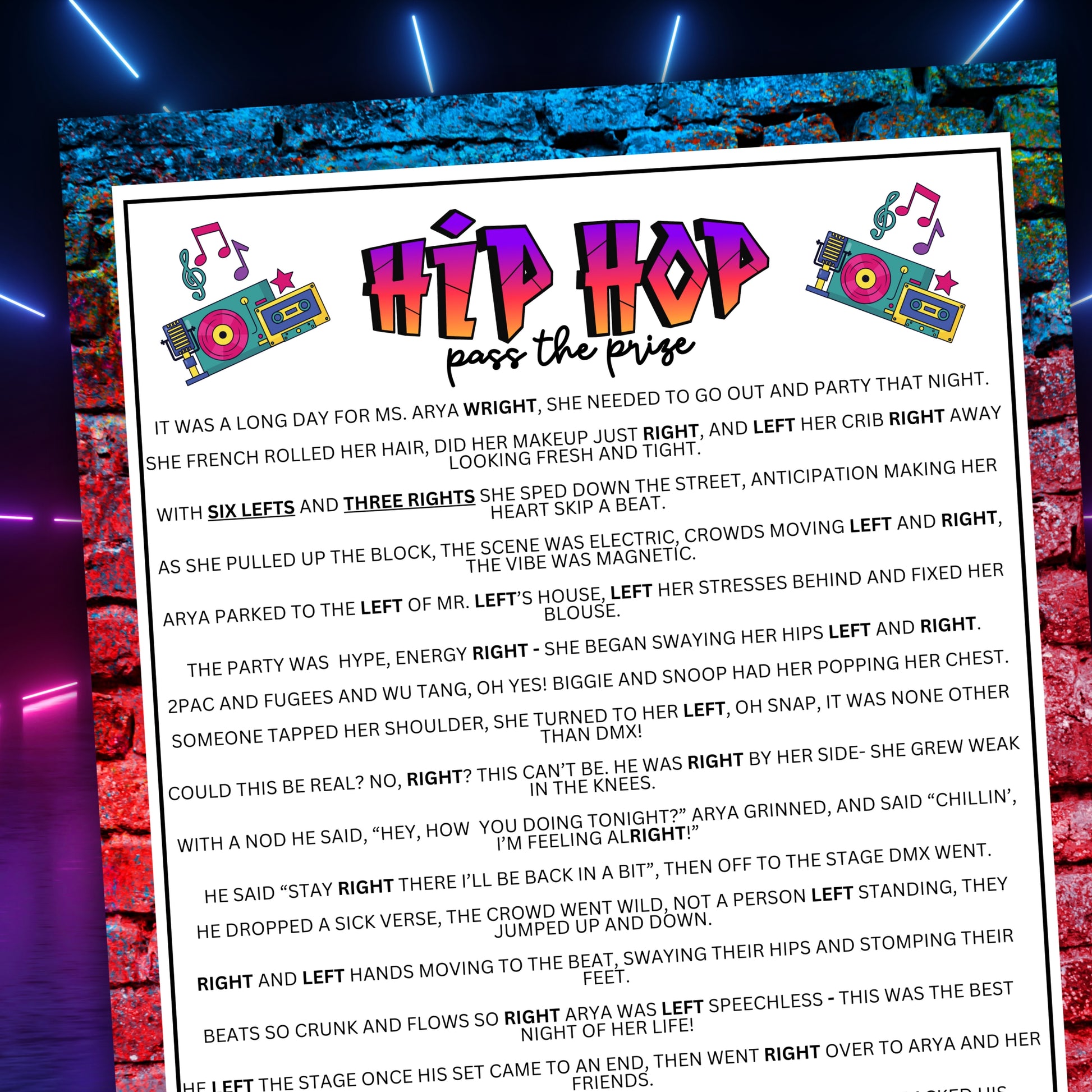 Looking for a blast of nostalgia and fun at your next block party or house party?

Whether you’re vibing with friends or family, our 90's Hip Hop Block Party Pass The Prize Left Right Game is a must-have!