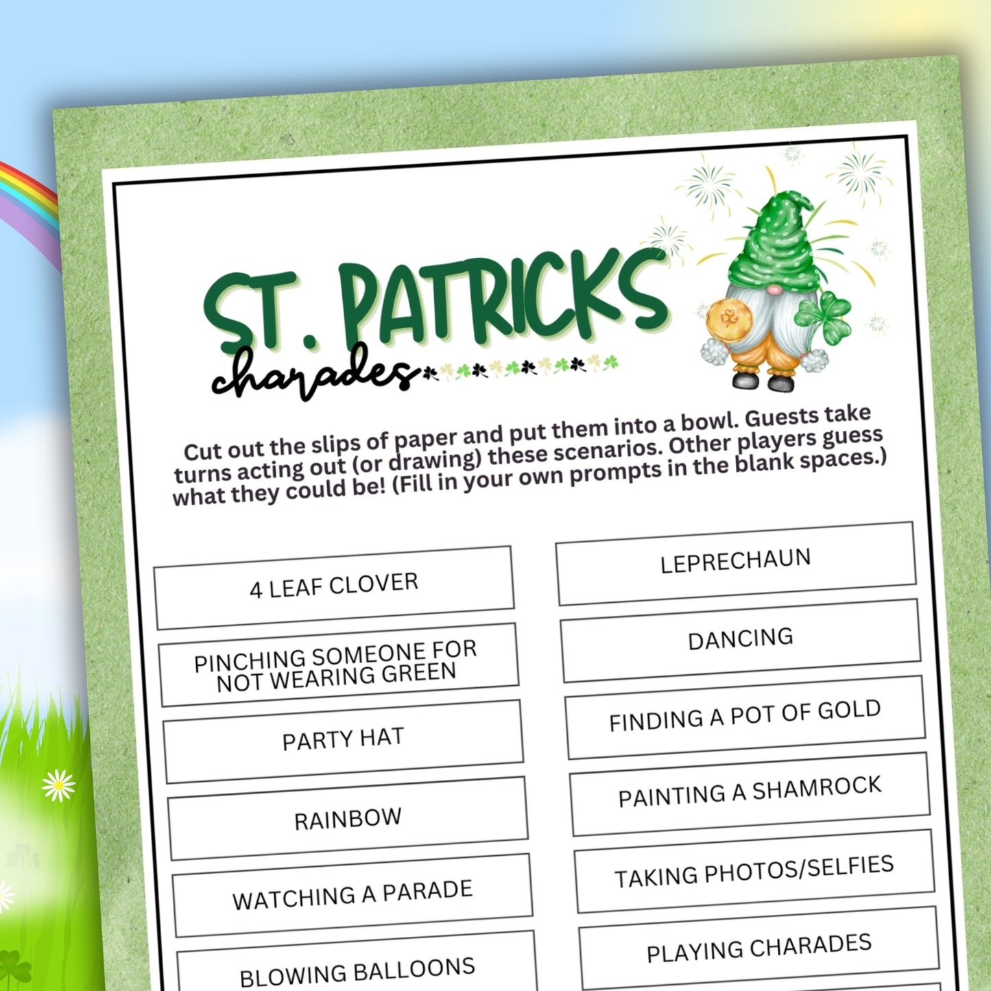 Are you getting ready for a St. Patrick's Day celebration with family and friends? Look no further than the St. Patrick's Day Charades game from Party Prints Press!
