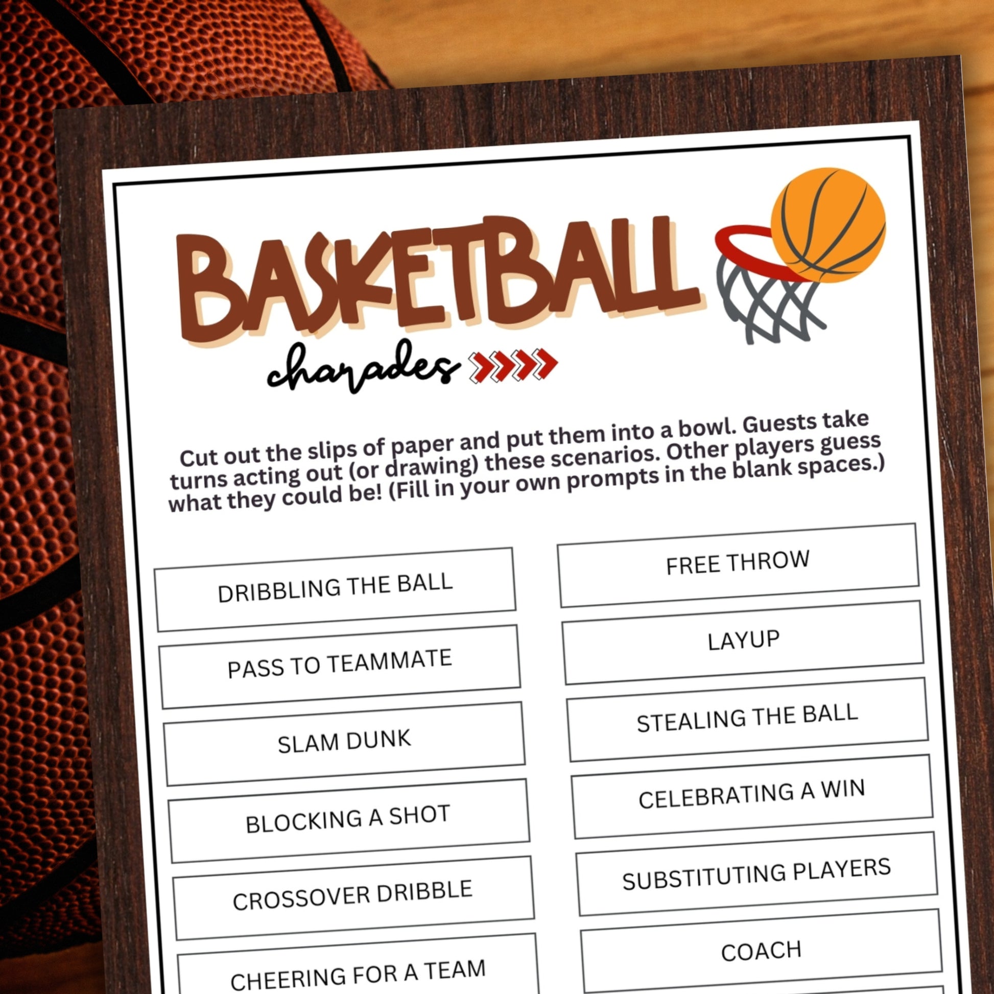 Looking for a fun and engaging activity to bring some excitement to your basketball-themed events? Look no further than this Basketball Charades game from Party Prints Press!&nbsp;  Perfect for games, practices, team bonding sessions, basketball camps, birthday parties, fan gatherings, youth leagues, and other basketball-related occasions, this printable charades game is a fantastic addition to your activities.