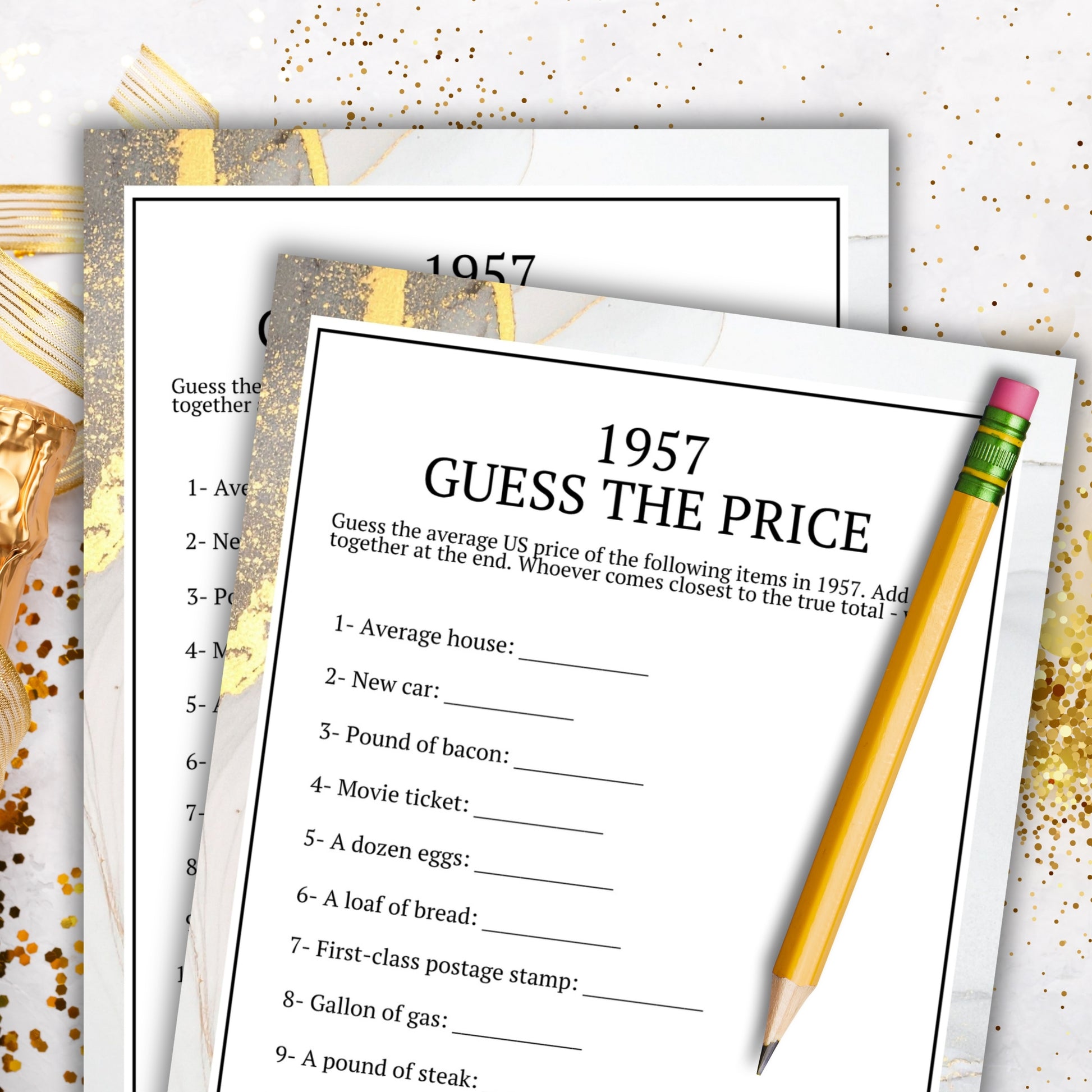 A printed worksheet titled "1957 GUESS THE PRICE" with lined writing space and a pencil placed on top, styled on a white background with gold confetti and gold foil accents.