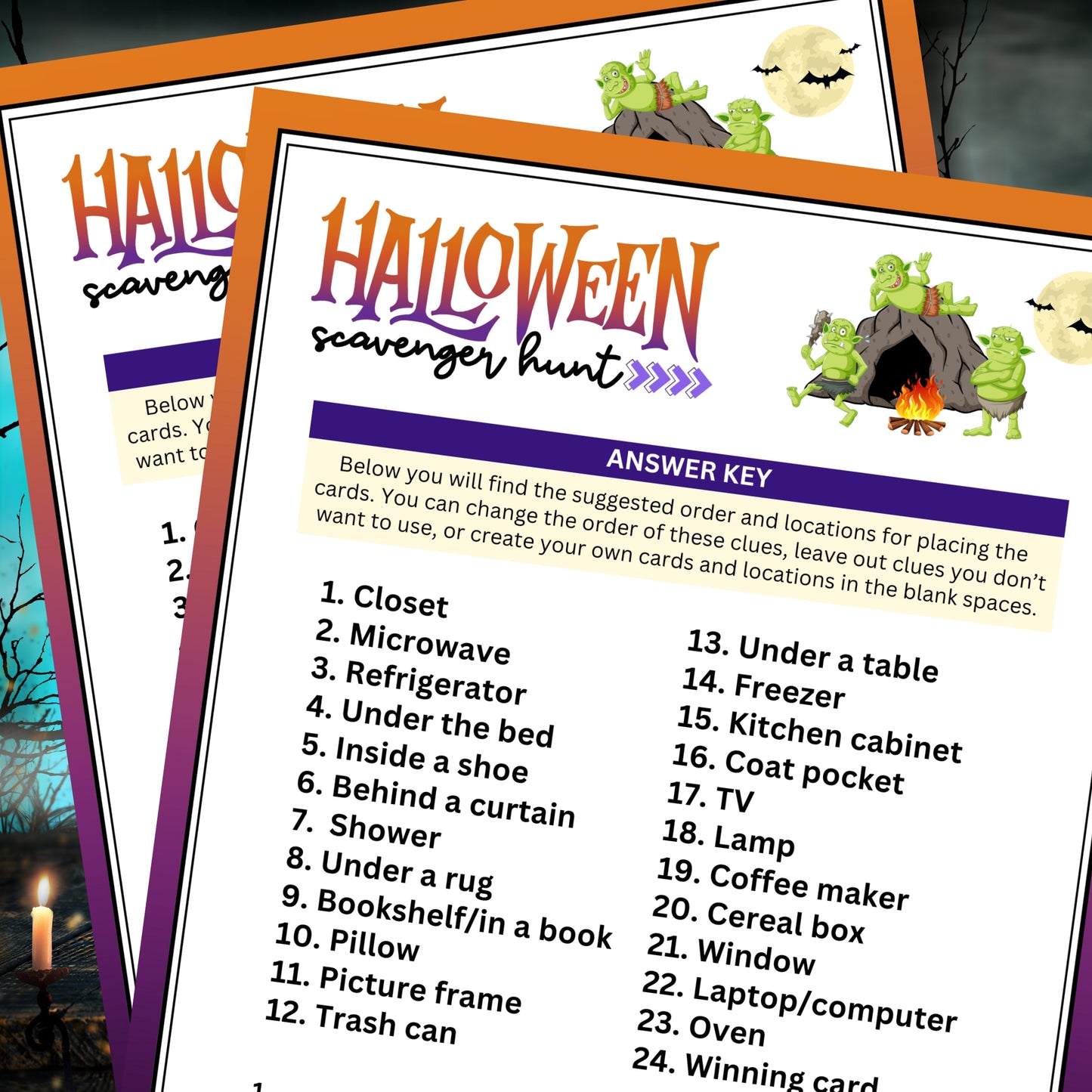 Whether you're hosting a Halloween party, a fundraiser event, or need a classroom resource for teachers, this Halloween Scavenger Hunt is just what you need.  Designed with tweens in mind, younger children can also join in on the fun with some assistance. This interactive game leads players on a thrilling adventure to catch the mischievous, Greedy Goblin named Gribble, who has stolen a bag of magical candies. Players solve spooky riddles to uncover hidden clues and reclaim the stolen treasure.