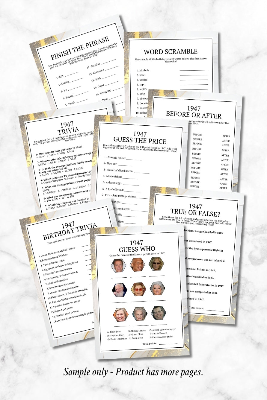 A set of printed trivia and word-game sheets fanned out on a light marble background. The sheets have white pages with black text and gold decorative borders, featuring activities like finish the phrase, word scramble, 1947 trivia, before or after, guess the price, true or false, birthday trivia, and guess who.