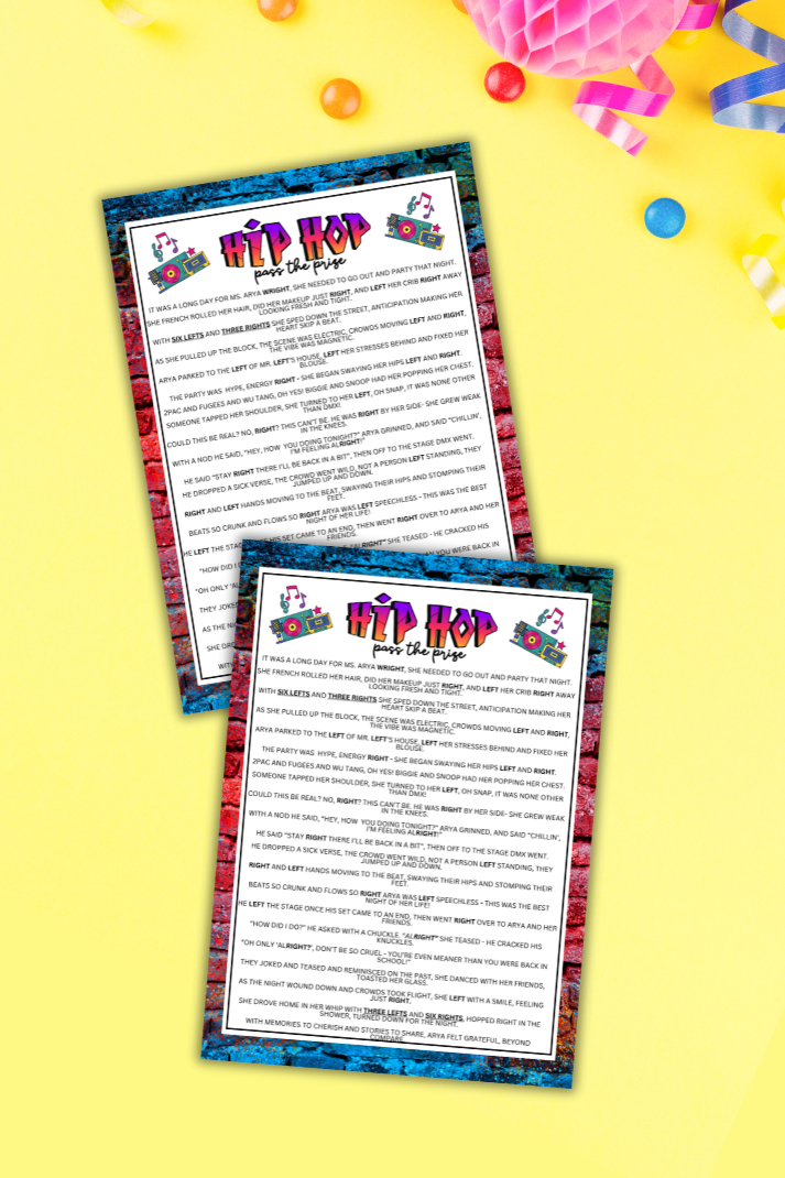 Looking for a blast of nostalgia and fun at your next block party or house party?

Whether you’re vibing with friends or family, our 90's Hip Hop Block Party Pass The Prize Left Right Game is a must-have!