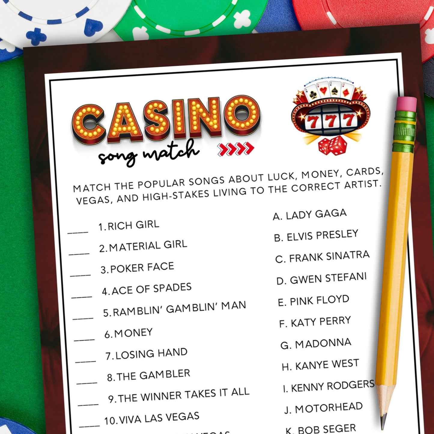 Casino Party Drinking Game - Song Match