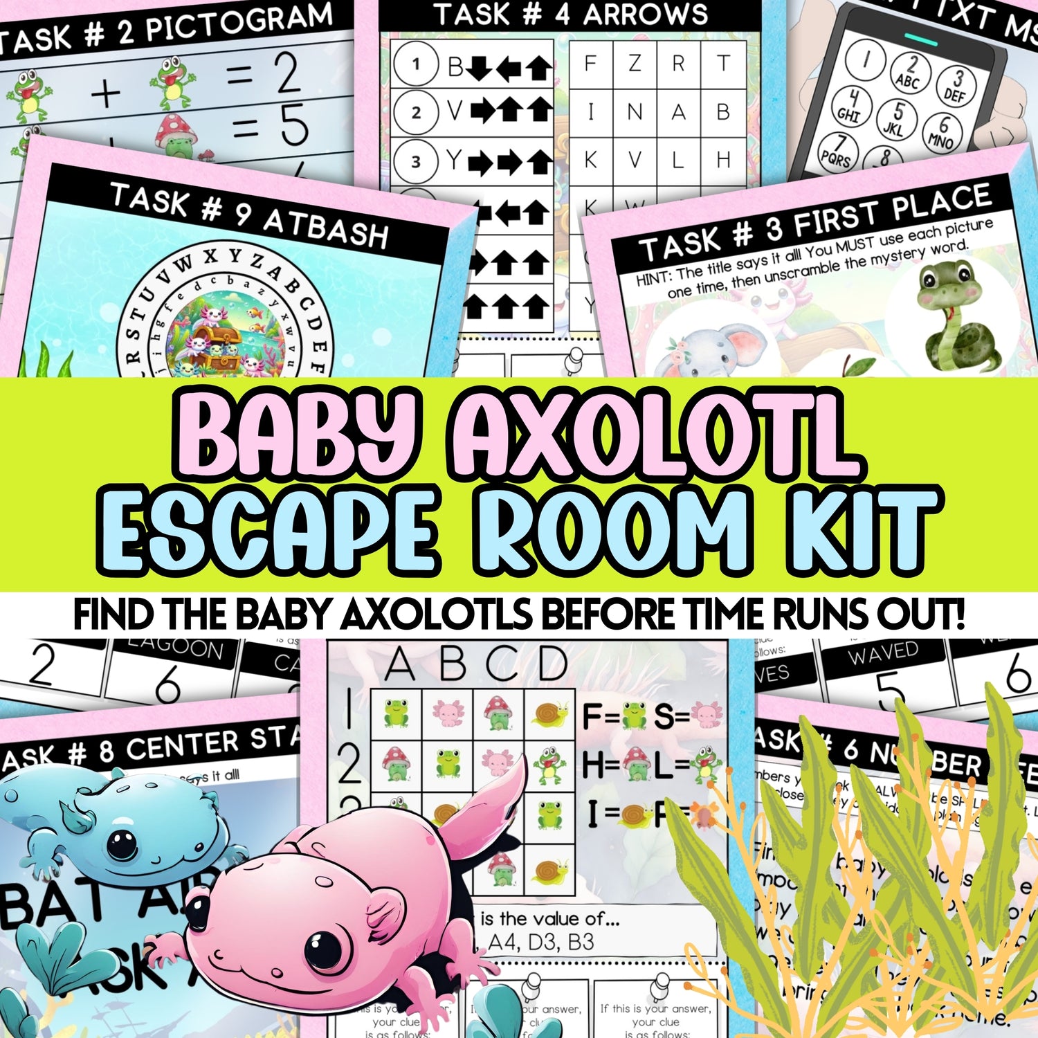 Promotional image for a Baby Axolotl Escape Room Kit, featuring various colorful printable pages with axolotl-themed illustrations and escape room puzzles.