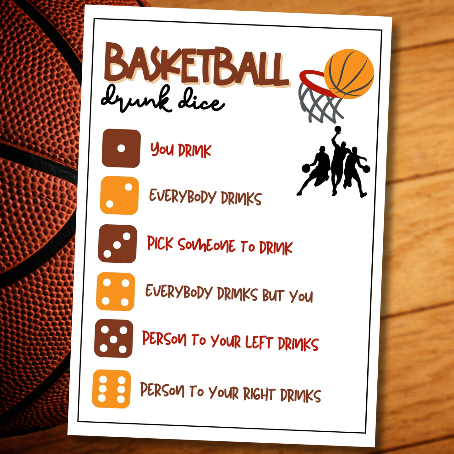 Looking for a fun and easy icebreaker game to play at your basketball-themed party, work party, office event, book club meeting, pub crawl night, or dinner gathering?  Play this printable Basketball Drunk Dice Game, get tipsy, and let the roll of the dice decide your fate!