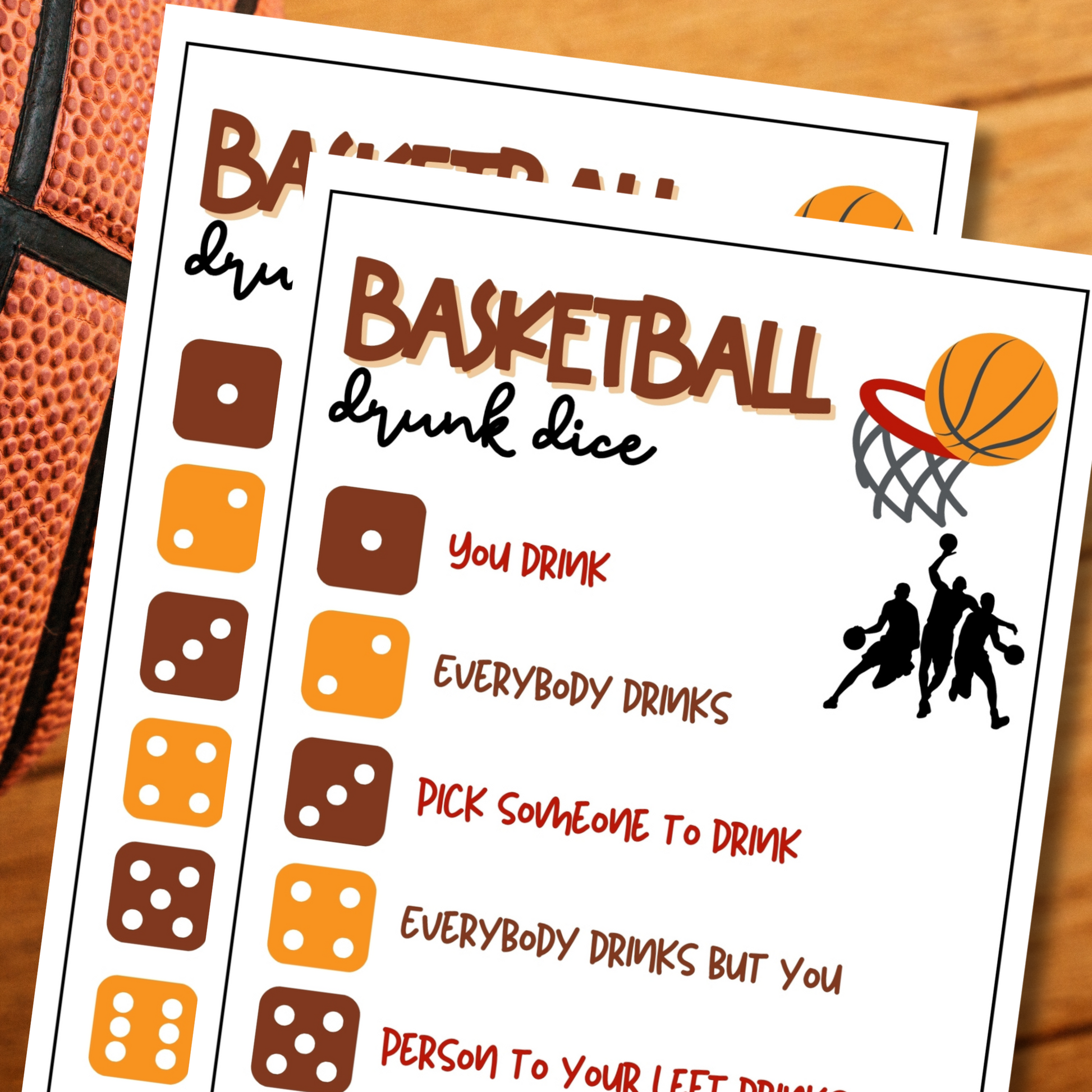 Looking for a fun and easy icebreaker game to play at your basketball-themed party, work party, office event, book club meeting, pub crawl night, or dinner gathering?  Play this printable Basketball Drunk Dice Game, get tipsy, and let the roll of the dice decide your fate!