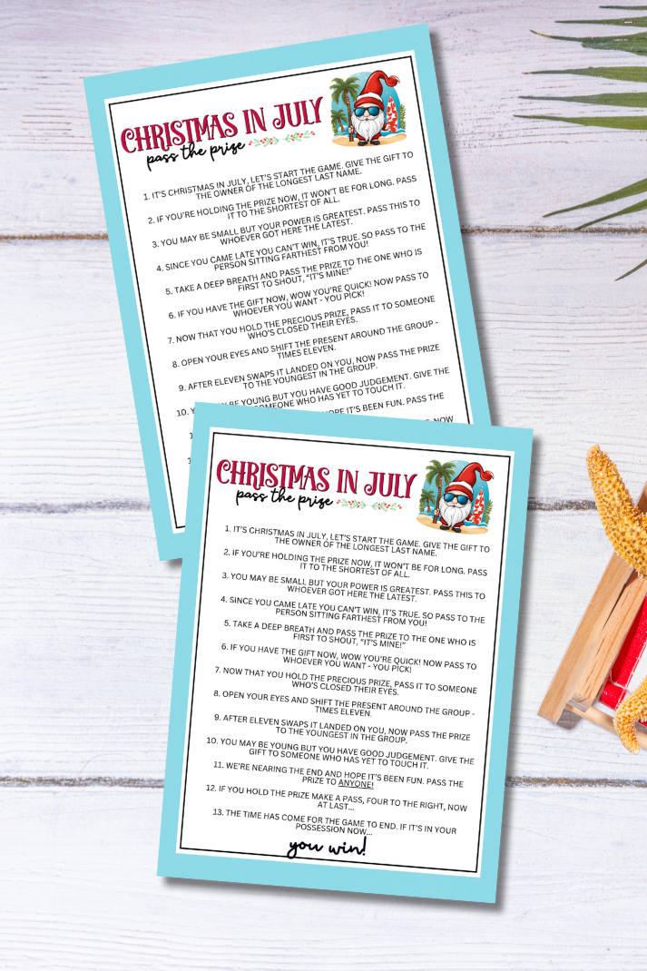 Christmas in July Pass The Prize Left Right Game - Fun For Everyone! Are you seeking a fun and engaging activity to celebrate Christmas in July with friends, family, or coworkers? Whether you've got kids, teens, adults, and even seniors in your gathering or group, this fun Pass The Prize game from Party Prints Press is just what you need!