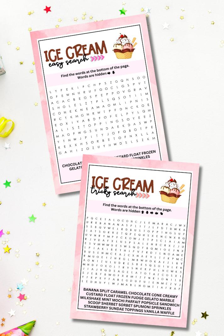 Celebrate National Ice Cream Month, Sundae Day, teen and tween birthdays or any other summer event with this specially designed dual-word search pack, perfect for every generation at your gathering!&nbsp;  Whether you're hosting an ice cream celebration or just want to cool down and have a little summer break, this pack covers everyone.&nbsp;  From young kids to teens and tweens, adults, and seniors, you've got everything you need with two difficulty levels, ensuring fun and challenge for all.