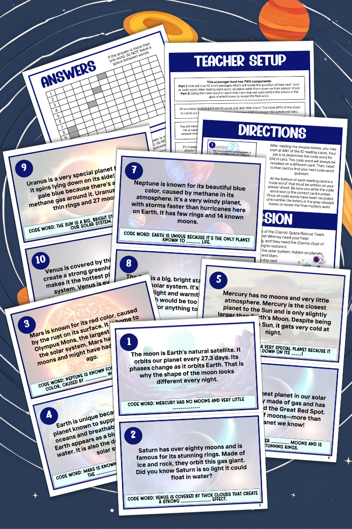 Embark on a captivating journey through the cosmos with our Solar System Scavenger Hunt, designed specifically for children aged 6 to 9!  This indoor educational activity is perfect for sparking interest in astronomy and STEM subjects, whether you're teaching in a classroom or guiding learning at home.  In this dynamic setup, each student or pair will explore ten beautifully crafted cards scattered throughout your learning space.